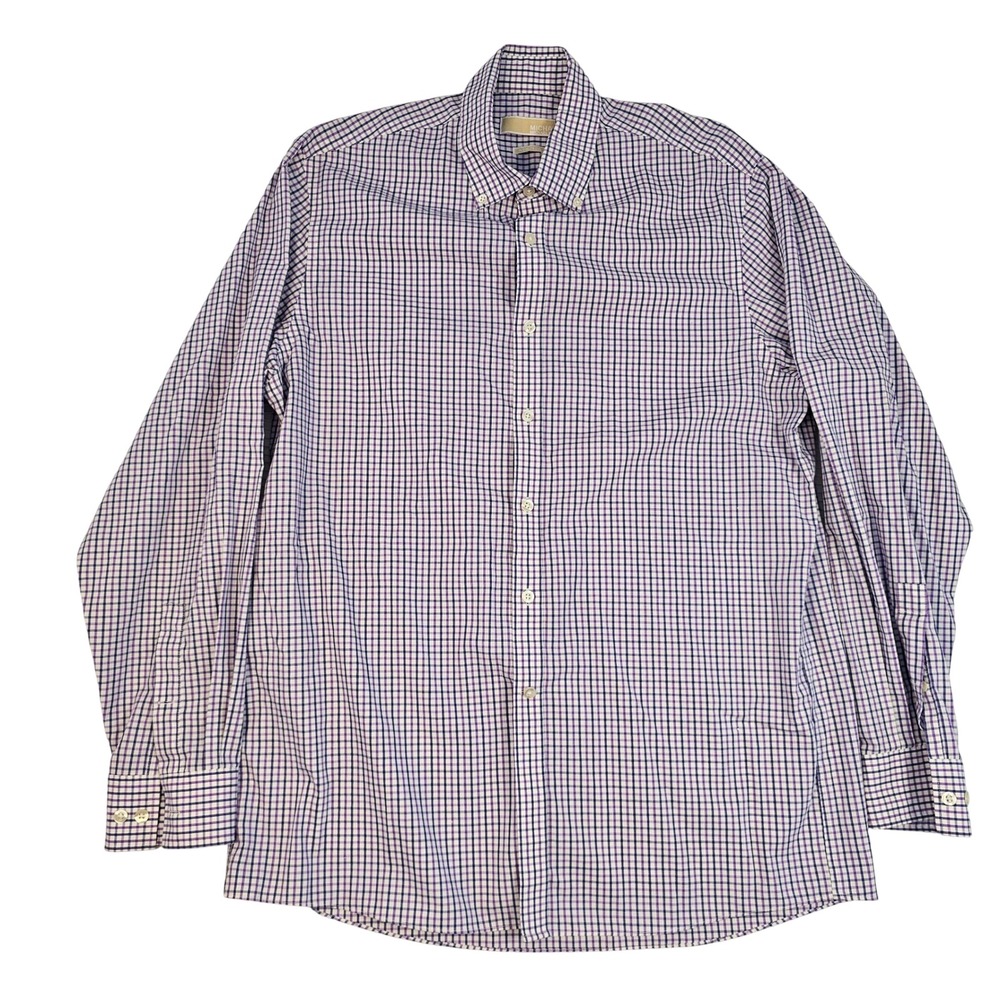 Michael Kors Mens Non Iron Purple White‎ Check Button Down Shirt LG 16 34/35